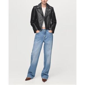 MANGO $249 Committed Leather Biker Moto Jacket Sheep Leather Black Womens Large